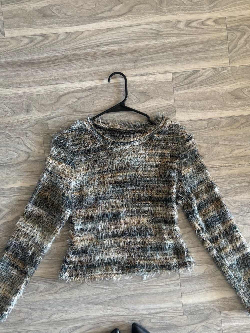 Fuzzy Striped Long-Sleeve Sweater in Multi-Tone